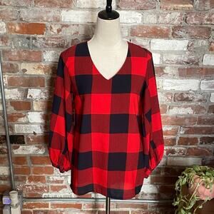 Belongsci  Red and Black Buffalo Check V-Neck Balloon Sleeve Blouse Size S